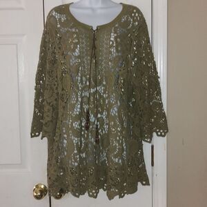 Ruff Hewn Army Green Lace Top With Beaded Tassels Sz